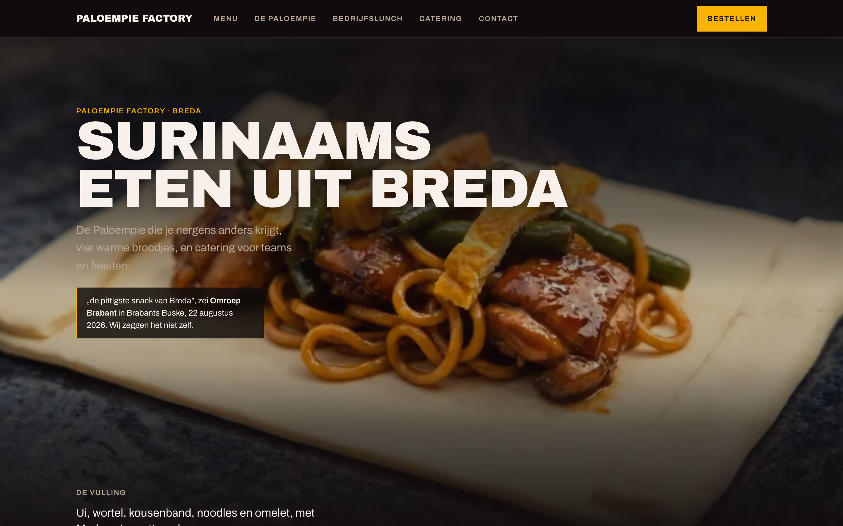 Startscherm van paloempiefactory.nl: de kop 'Surinaams eten uit Breda' over een foto van een gevulde paloempie.